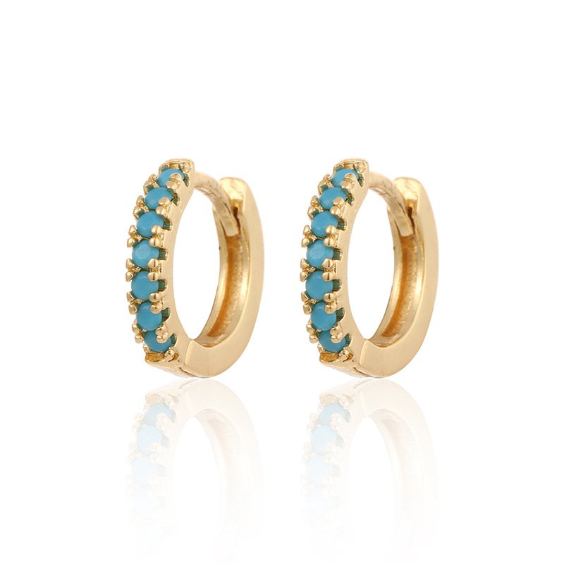 Gold Row Huggies Earrings with turquoise stones on white background - IceGlint