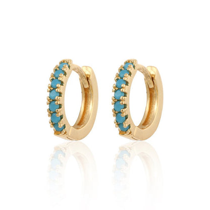 Gold Row Huggies Earrings with turquoise stones on white background - IceGlint